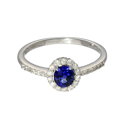 18ct White Gold Sapphire & Diamond Halo Shoulders Ring