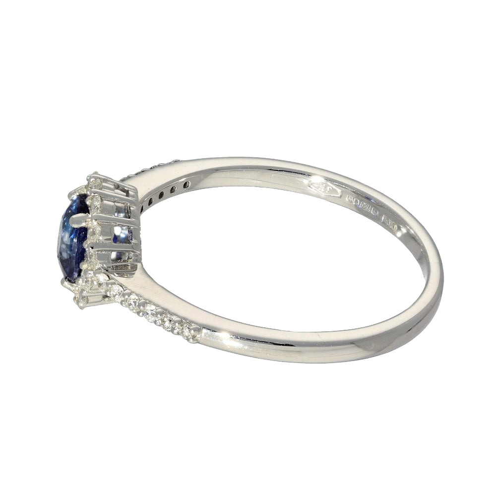 18ct White Gold Sapphire & Diamond Halo Shoulders Ring