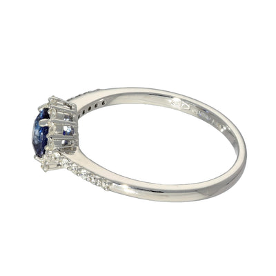 18ct White Gold Sapphire & Diamond Halo Shoulders Ring