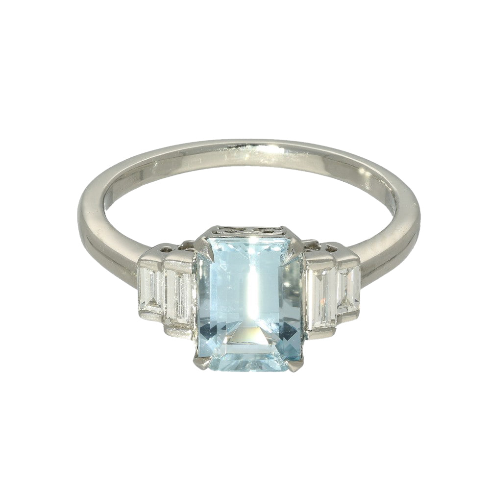 Platinum Aquamarine & Diamond Emerald Cut Art Deco Style Ring