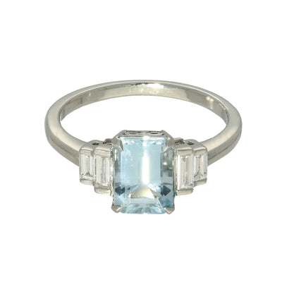 Platinum Aquamarine & Diamond Emerald Cut Art Deco Style Ring