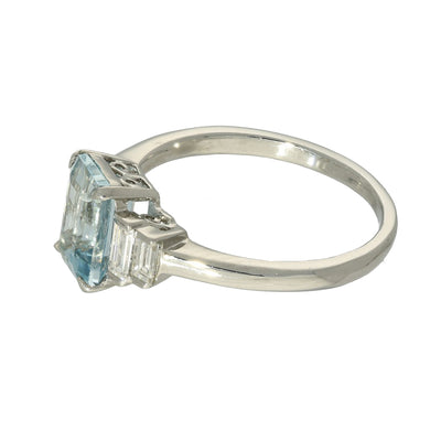 Platinum Aquamarine & Diamond Emerald Cut Art Deco Style Ring