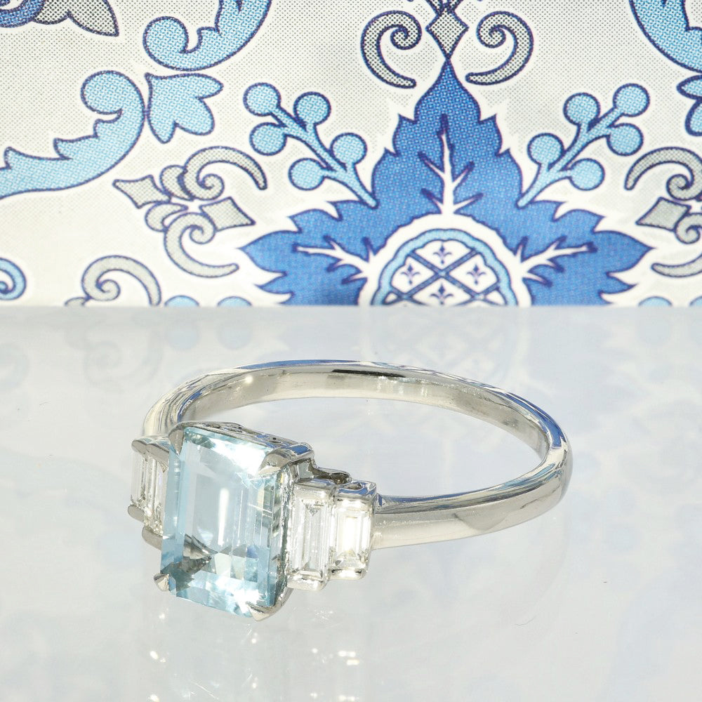 Platinum Aquamarine & Diamond Emerald Cut Art Deco Style Ring
