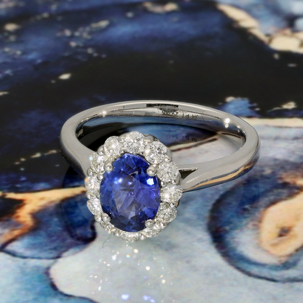 Platinum Oval Sapphire & Diamond Halo Ring