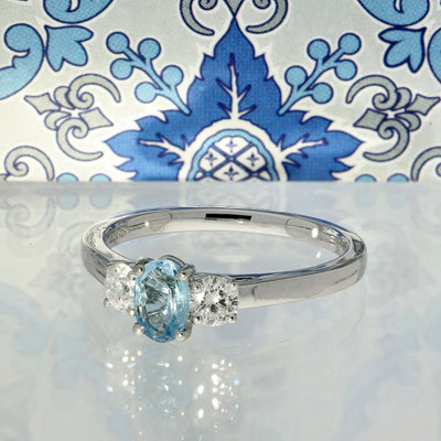 Platinum Oval Aquamarine & Diamond Trilogy Ring