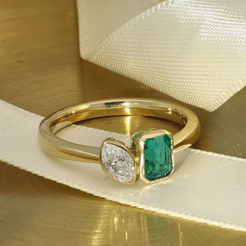 18ct Yellow Gold Toi et Moi Emerald and Marquise Diamond Ring