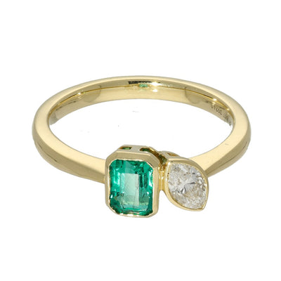 18ct Yellow Gold Toi et Moi Emerald and Marquise Diamond Ring