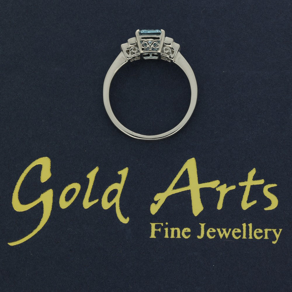 Platinum Aquamarine & Diamond Emerald Cut Art Deco Style Ring