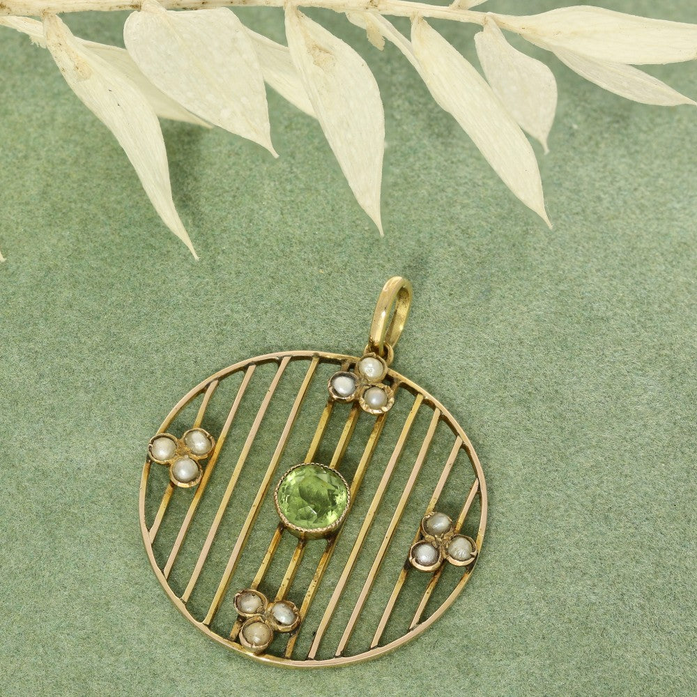 Antique Yellow Gold Peridot & Seed Pearl Pendant