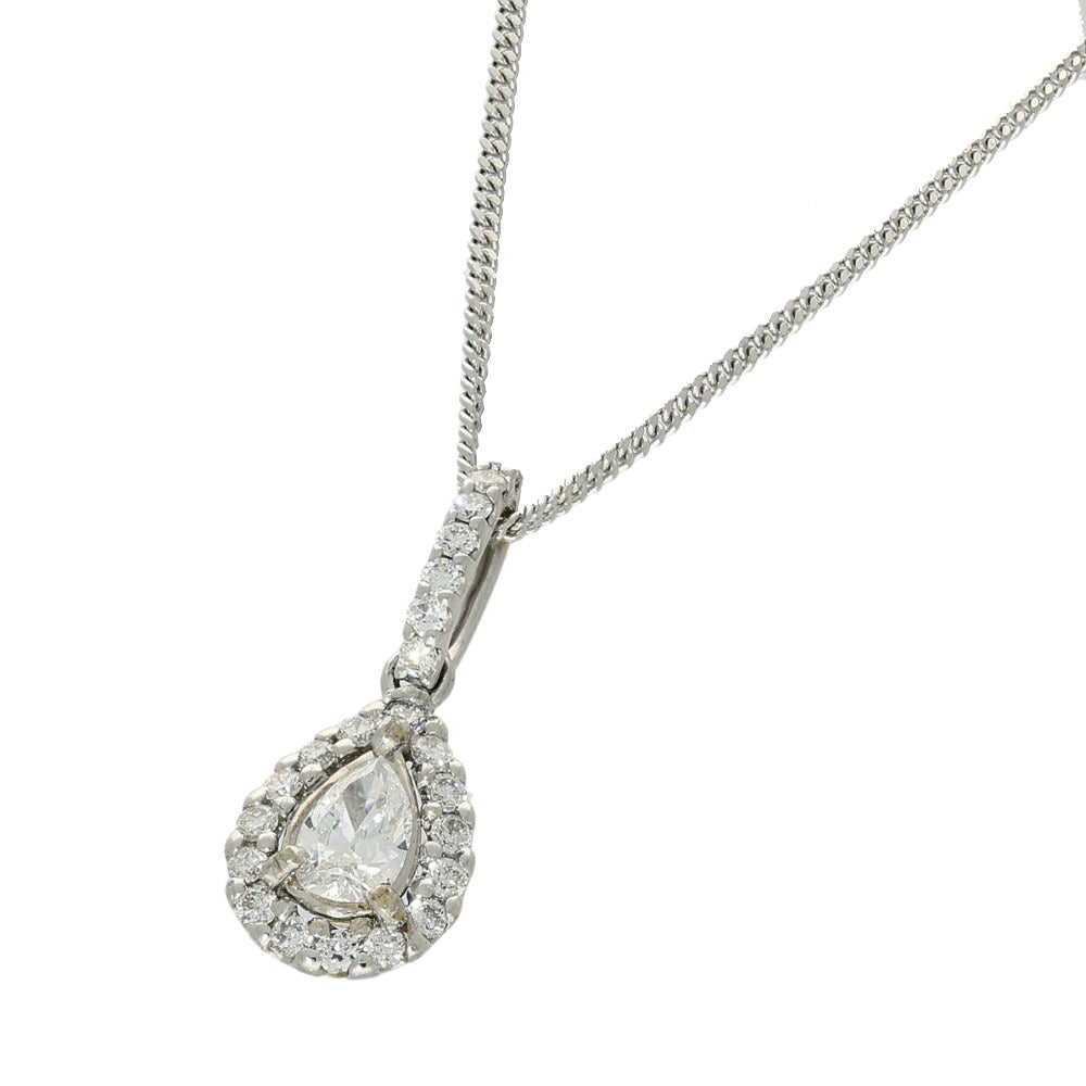 Pre-owned 18ct White Gold Pear Shape Diamond Halo Teardrop Necklace 18"