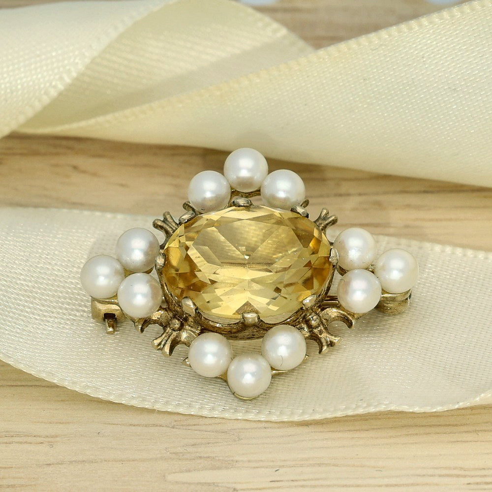 Pre-owned 9ct Yellow Gold Citrine and Pearl Brooch