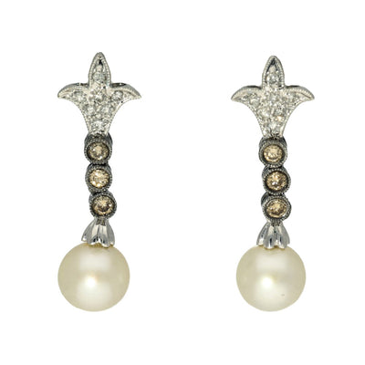 Pre-owned 18ct White Gold Pearl & Diamond Drop Earrings