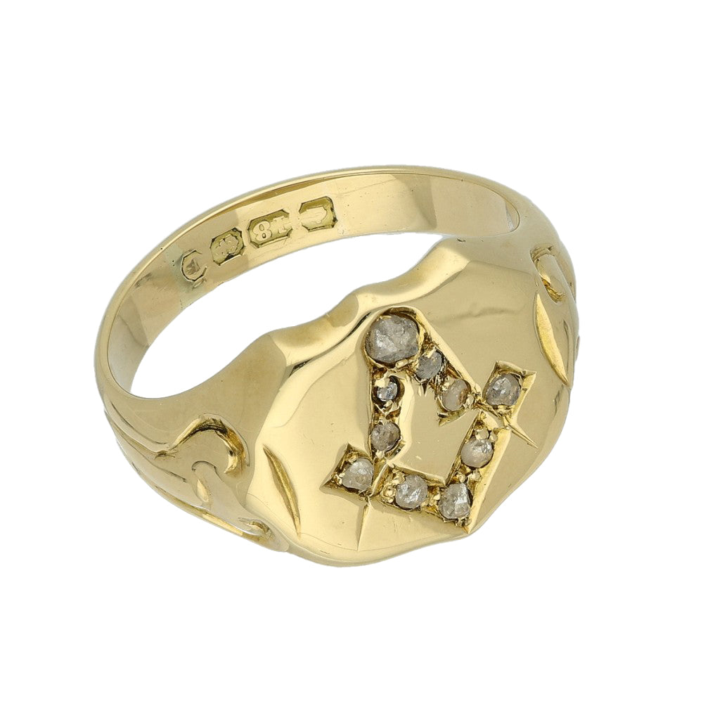 Pre-owned 18ct Yellow Gold Vintage Masonic Diamond Signet Ring