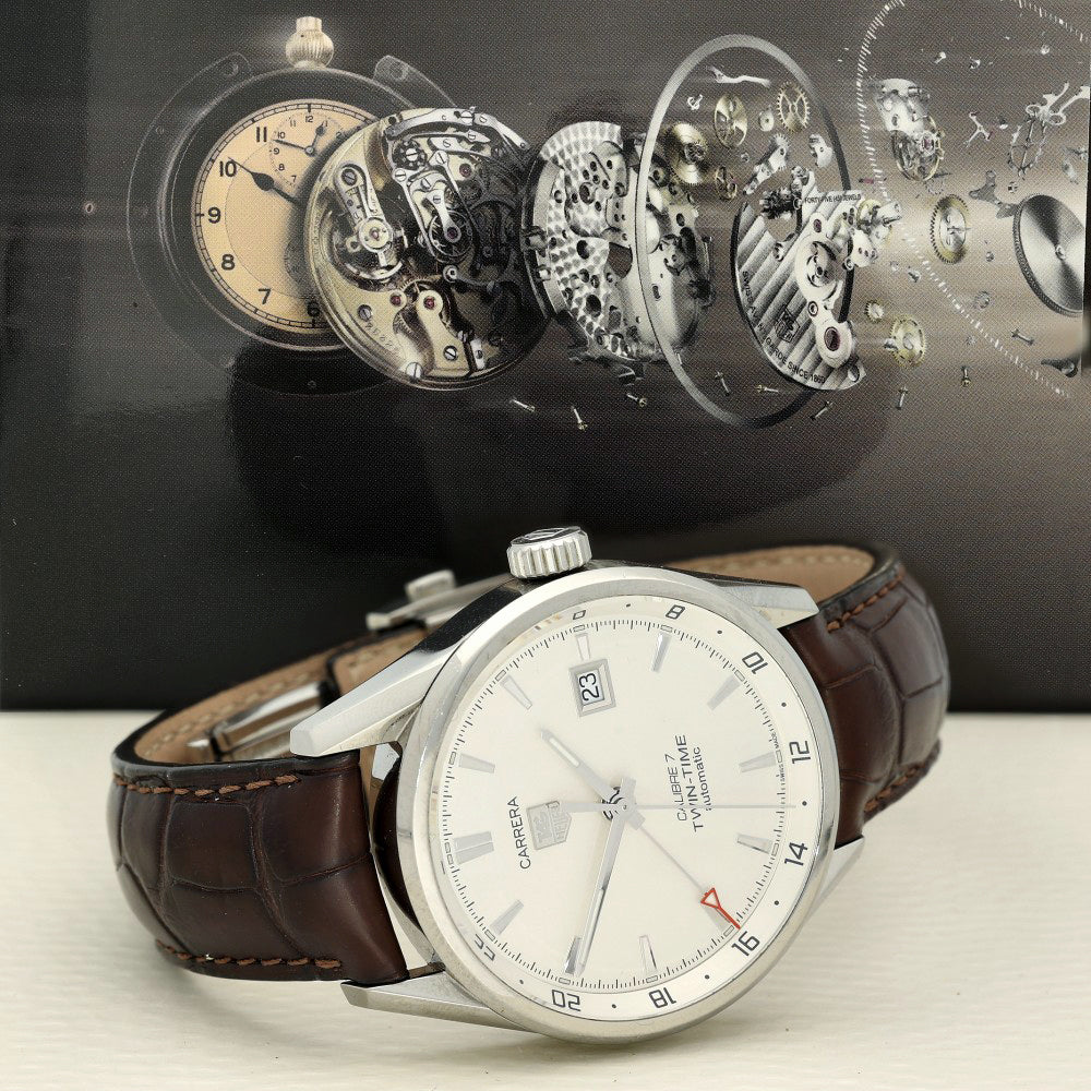 Pre-owned Tag Heuer Carrera Twin-Time WAR2011 41mm Cream Dial Automatic Watch
