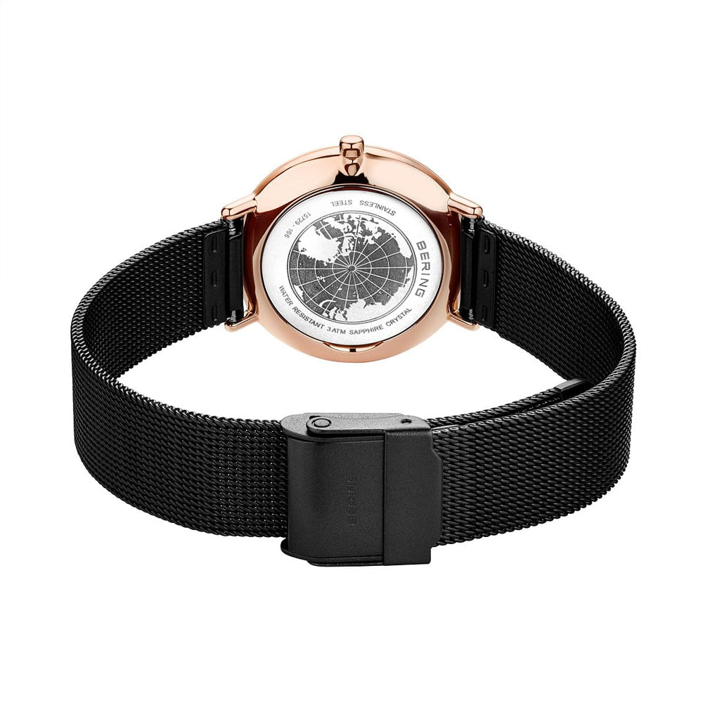 Ladies Bering Ultra Slim Polished Rose Gold Black Dial Milanese Watch 15729-166