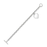 Silver Solid 7" Belcher Link Bracelet With T-Bar Clasp and Heart Charm