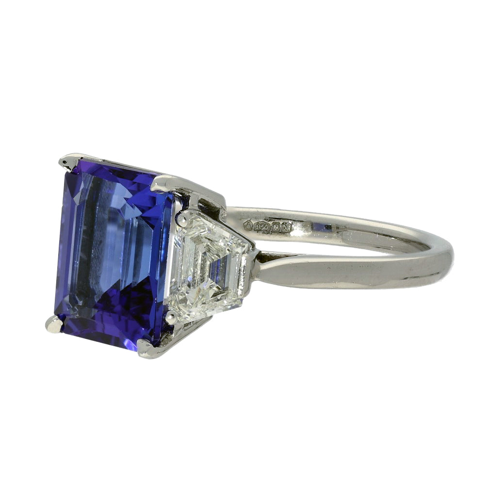 Platinum Trilogy Ring with 3.59ct Tanzanite and Trapezoid Diamond Shoulders
