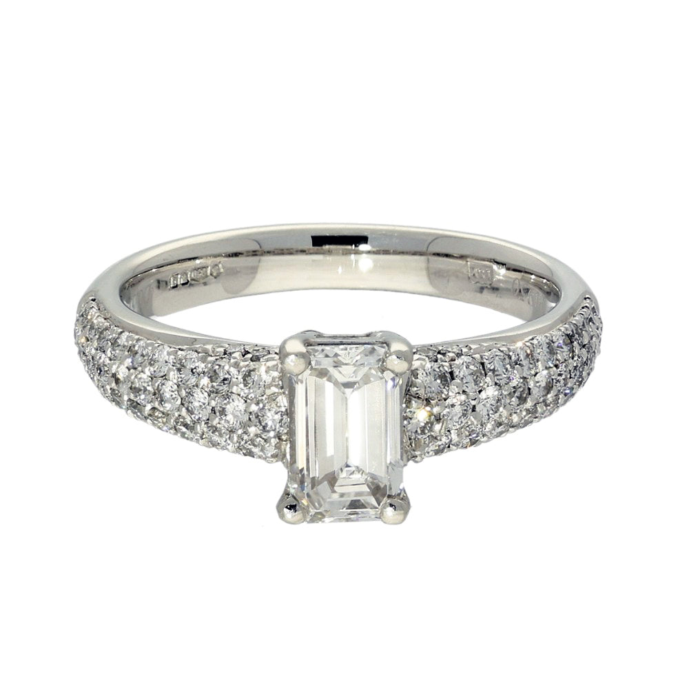 Platinum Certificated 0.78ct Emerald Cut Diamond Pave Diamond Shoulders Ring