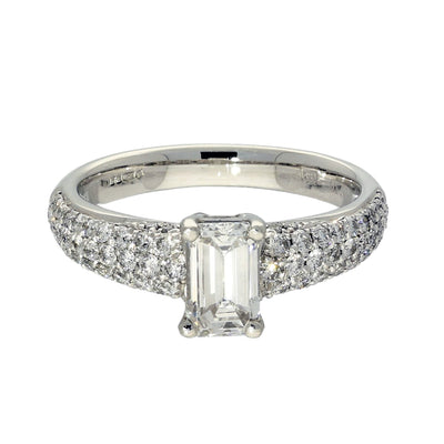 Platinum Certificated 0.78ct Emerald Cut Diamond Pave Diamond Shoulders Ring