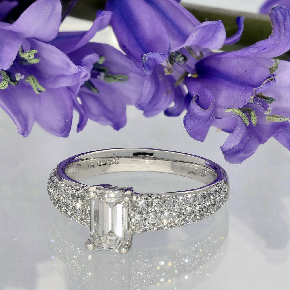 Platinum Certificated 0.78ct Emerald Cut Diamond Pave Diamond Shoulders Ring