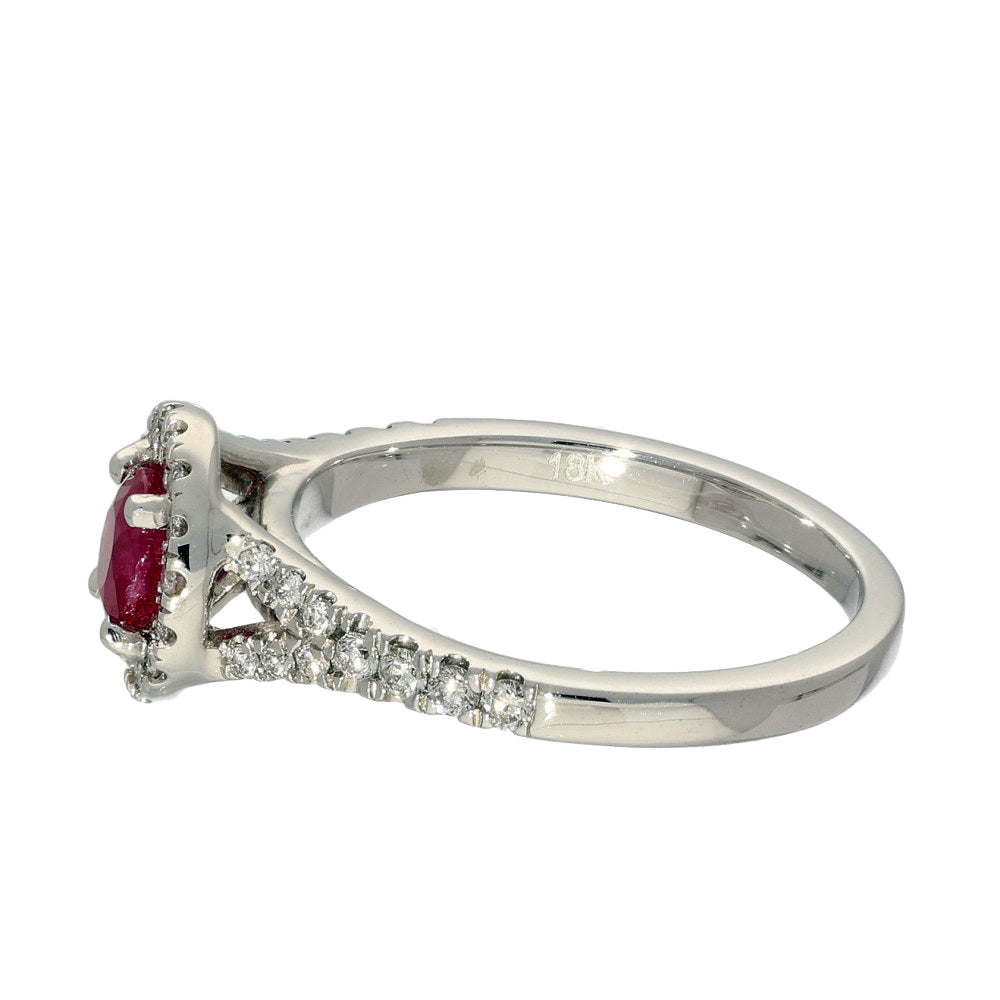 18ct White Gold Ruby and Diamond Halo Shoulders Ring