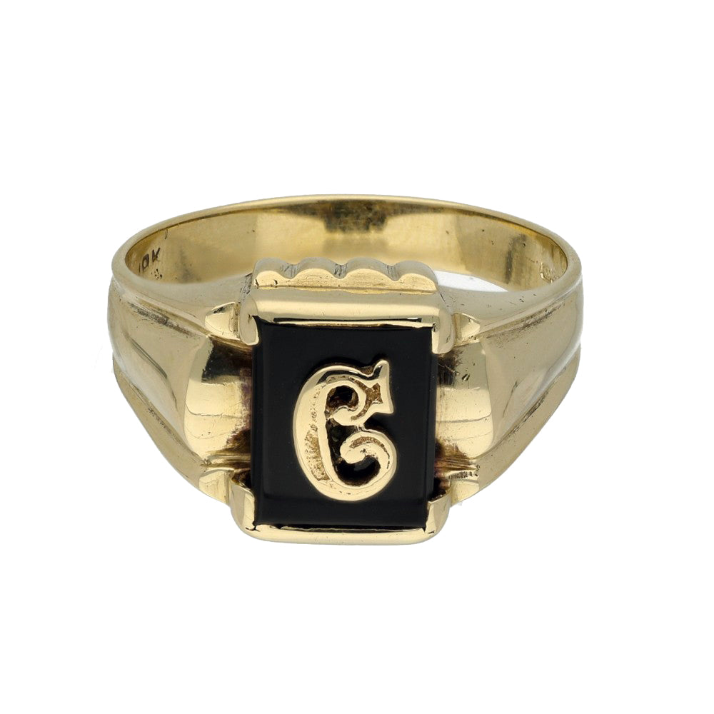 Pre-owned 9ct Yellow Gold Onyx 'G Initial' Seal Signet Ring