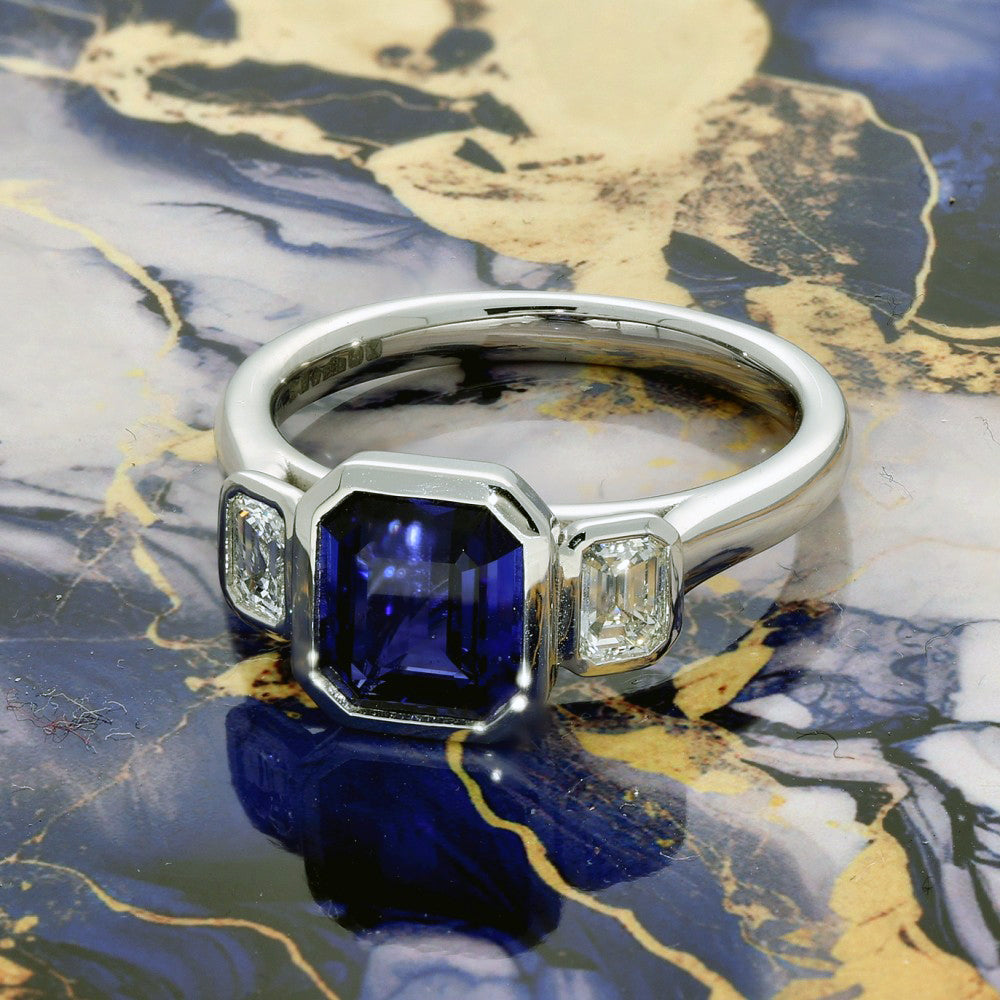 Platinum 2ct Sapphire & Diamond Bezel Set Trilogy Ring
