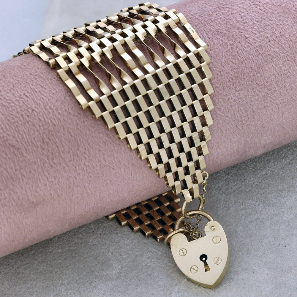 Vintage 1970's 9ct Yellow Gold 12 Row Gate Bracelet with Heart Padlock