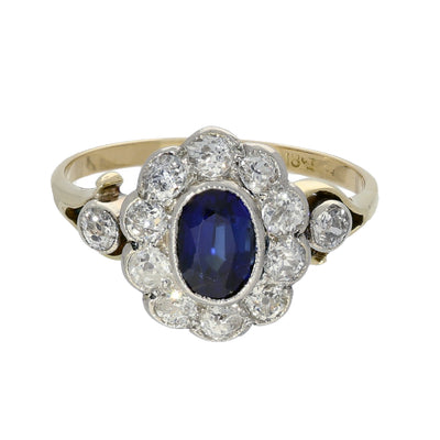 Antique 18ct Yellow Gold Sapphire and Old Cut Diamond Oval Cluster Ring