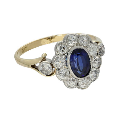 Antique 18ct Yellow Gold Sapphire and Old Cut Diamond Oval Cluster Ring