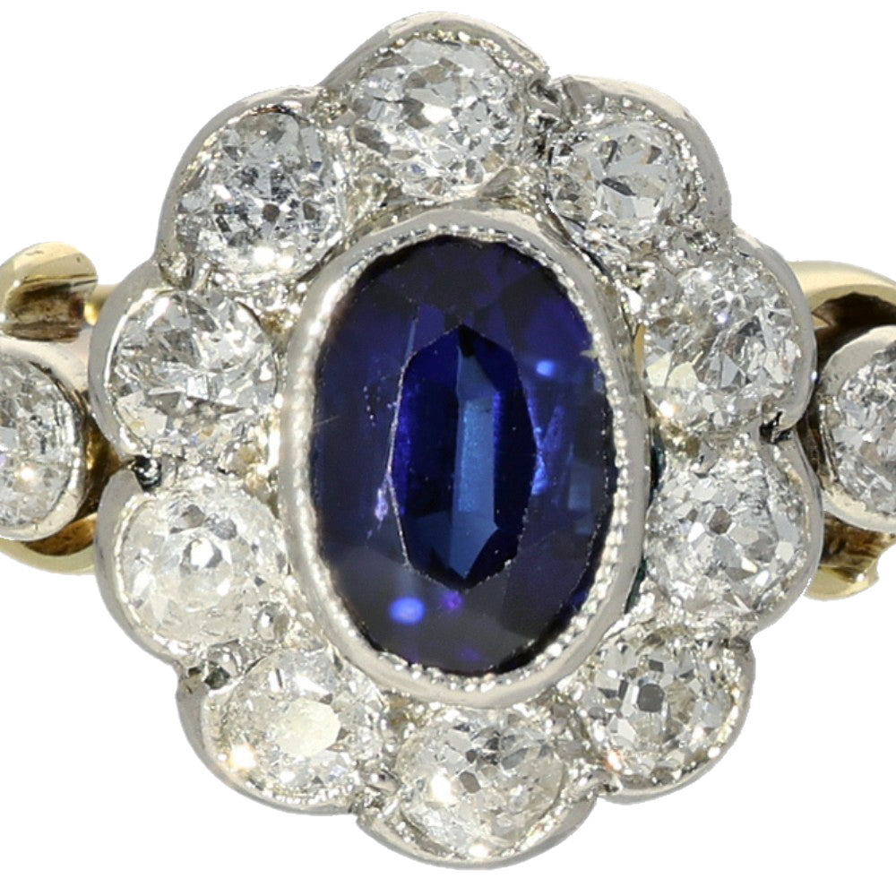 Antique 18ct Yellow Gold Sapphire and Old Cut Diamond Oval Cluster Ring