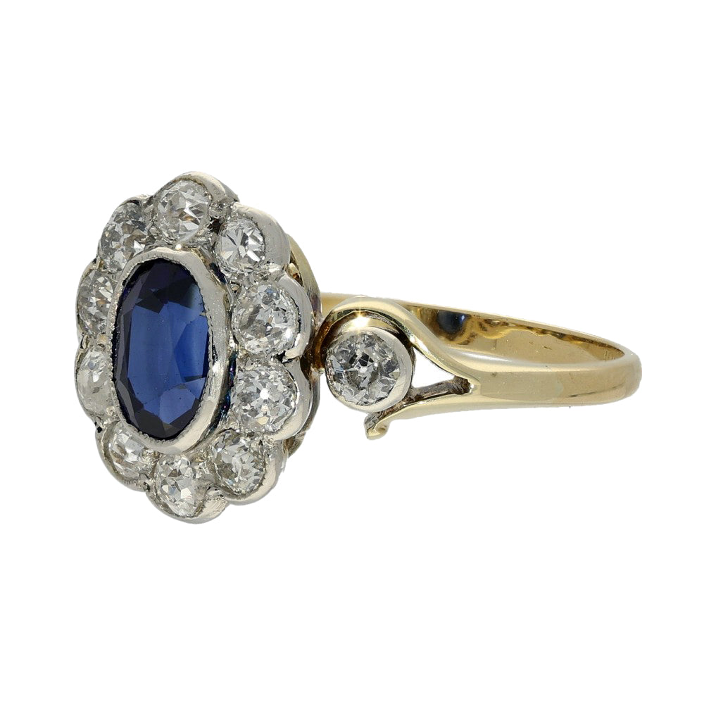 Antique 18ct Yellow Gold Sapphire and Old Cut Diamond Oval Cluster Ring