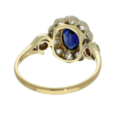 Antique 18ct Yellow Gold Sapphire and Old Cut Diamond Oval Cluster Ring