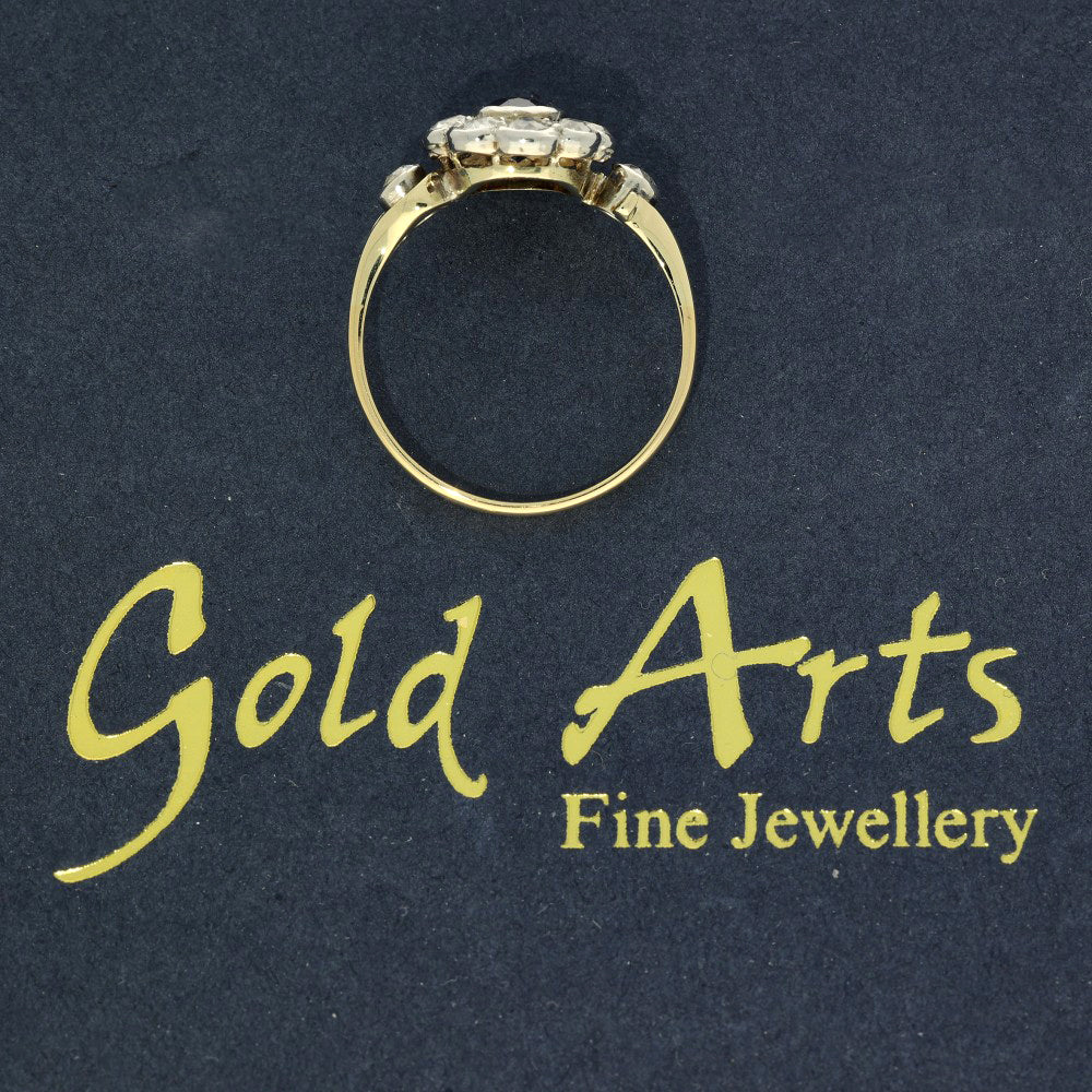 Antique 18ct Yellow Gold Sapphire and Old Cut Diamond Oval Cluster Ring