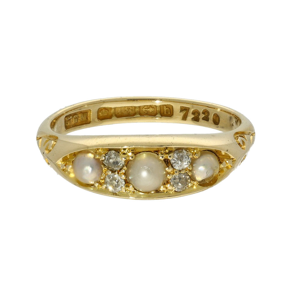 Antique 18ct Yellow Gold Pearl & Old Cut Diamond Boat Ring c.1907