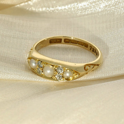 Antique 18ct Yellow Gold Pearl & Old Cut Diamond Boat Ring c.1907