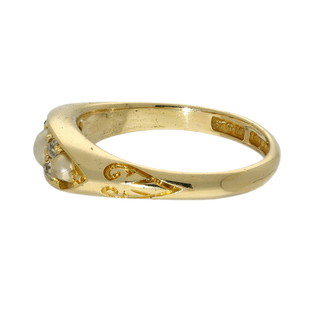 Antique 18ct Yellow Gold Pearl & Old Cut Diamond Boat Ring c.1907
