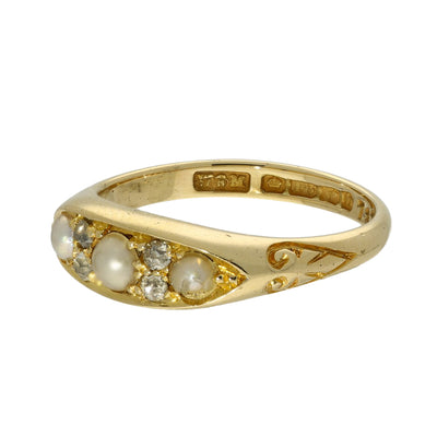 Antique 18ct Yellow Gold Pearl & Old Cut Diamond Boat Ring c.1907
