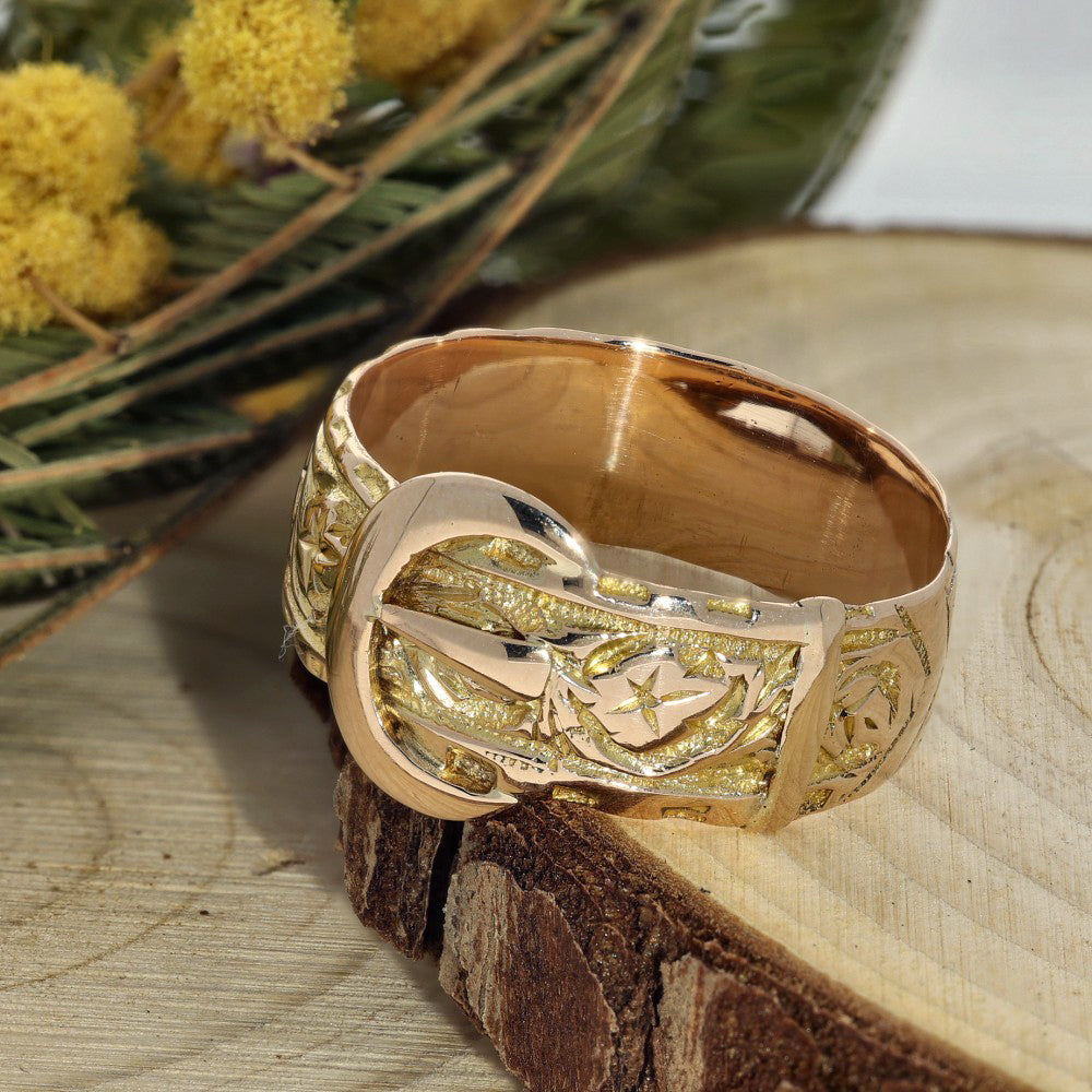 Antique 9ct Rose Gold Patterned Buckle Ring c.1916