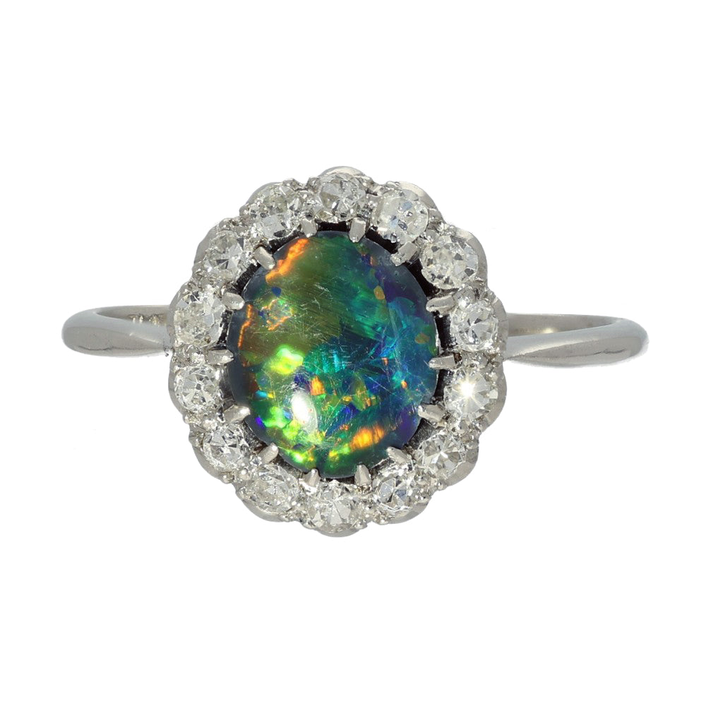 Vintage Platinum Black Opal and Diamond Halo Cluster Ring
