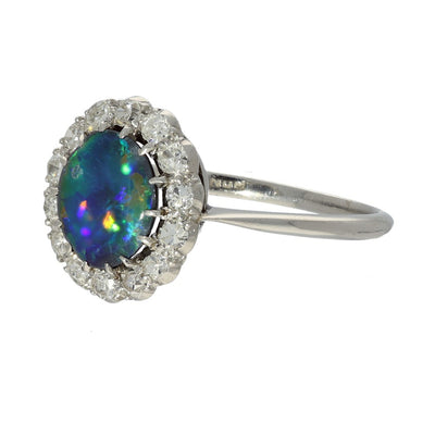 Vintage Platinum Black Opal and Diamond Halo Cluster Ring