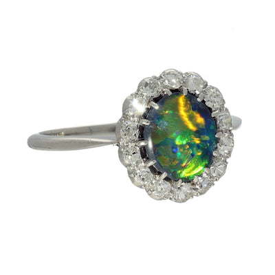Vintage Platinum Black Opal and Diamond Halo Cluster Ring