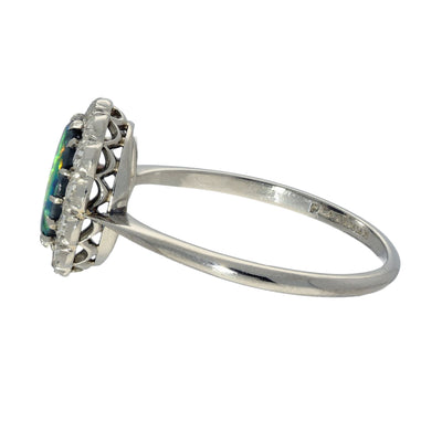 Vintage Platinum Black Opal and Diamond Halo Cluster Ring