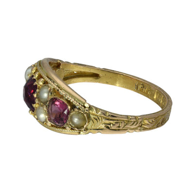 Antique 15ct Yellow Gold Tourmaline and Pearl Boat Ring -circa 1883