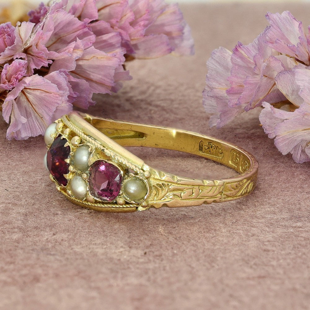 Antique 15ct Yellow Gold Tourmaline and Pearl Boat Ring -circa 1883