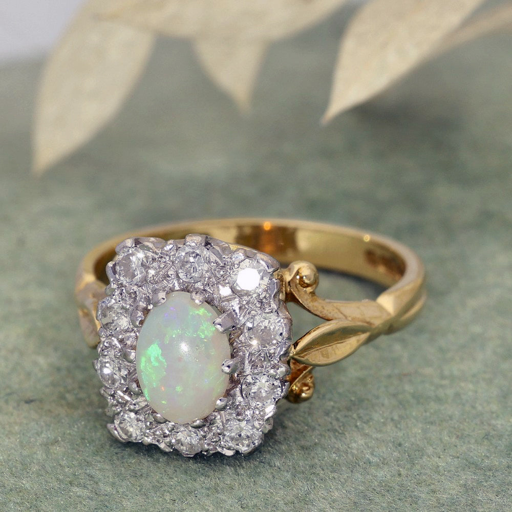 Pre-owned 18ct Yellow Gold Opal and Diamond Halo Cluster Ring