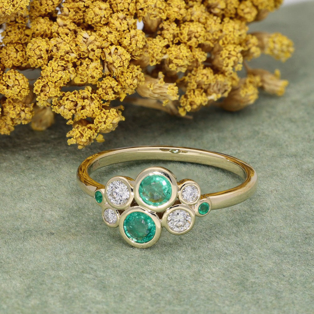 9ct Yellow Gold Emerald and Diamond Bubble Ring