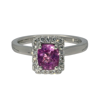 Platinum Pink Sapphire and Diamond Halo Ring