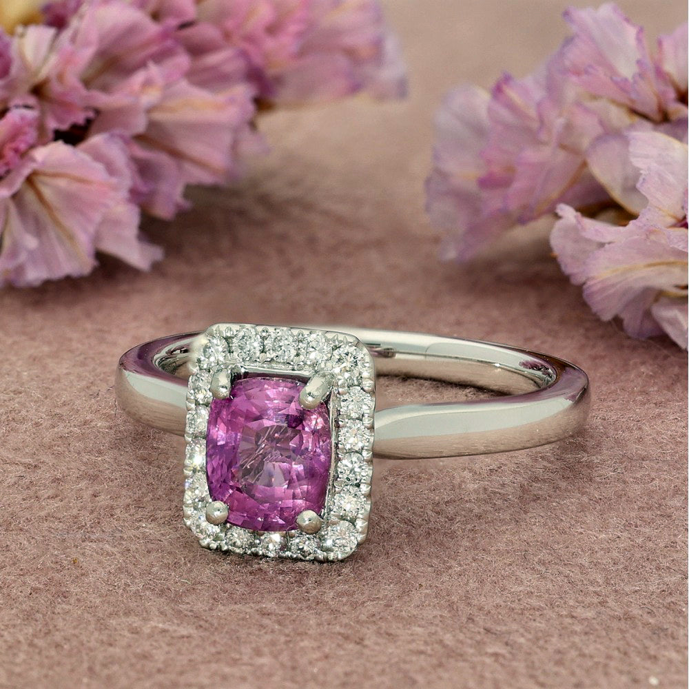 Platinum Pink Sapphire and Diamond Halo Ring