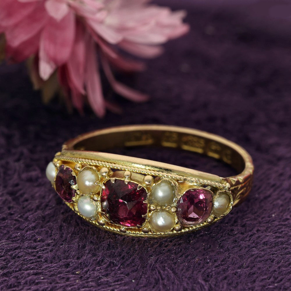 Antique 15ct Yellow Gold Tourmaline and Pearl Boat Ring -circa 1883